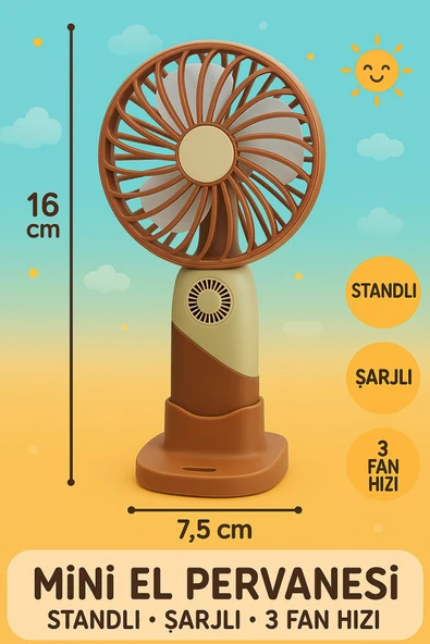 Ayver Şarjlı 3 Farklı Fan Hızında Standlı Mini El Pervanesi Masa Vantilatör El Fanı ürün görseli 1