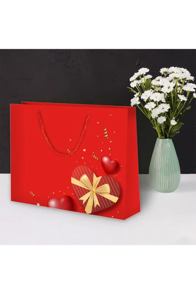 Valentine Karton Çanta 42x38x12cm -Kalp Desenli- 10 Adet ürün görseli 1