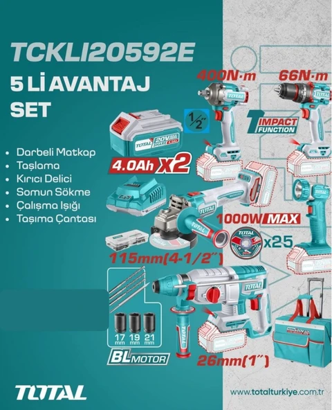 TOTAL AVANTAJ 5 Lİ SET - DARBELİ MATKAP, TAŞLAMA, KIRICI DELİCİ - TCKLI20592E ürün görseli 1