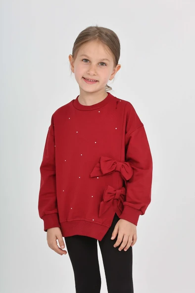 Toontoy Kız Çocuk Oversize Bisiklet Yaka Düşük Omuz Taş Baskılı Yırtmaçlı Sweatshirt - Fiyonklu & 2 İplik ürün görseli 1