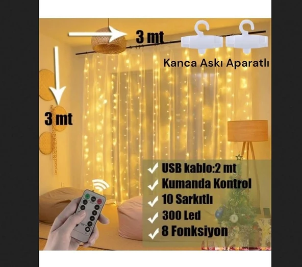 SGE TEKNOLOJİ 3x3 METRE 300 LED KUMANDALI LED PERDE IŞIĞI PERİ LED ürün görseli 1