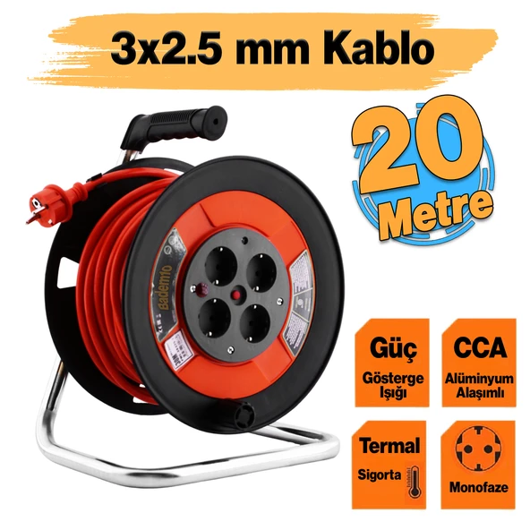 Plastik Makaralı Monofaze Uzatma Kablosu 3x2.5 mm 20 Metre Seyyar CCA Alüminyum Alaşım Kablo 4 Priz ürün görseli 1