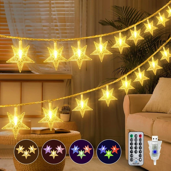 SARI VE RENKLİ 12 METRE 100 LED YILDIZ USB GİRİŞLİ SARI IŞIK KUMANDALI 8 MODLU EV BAHÇE BALKON AĞAÇ ÇİT SÜSÜ LED IŞIK LAMBA ürün görseli 1