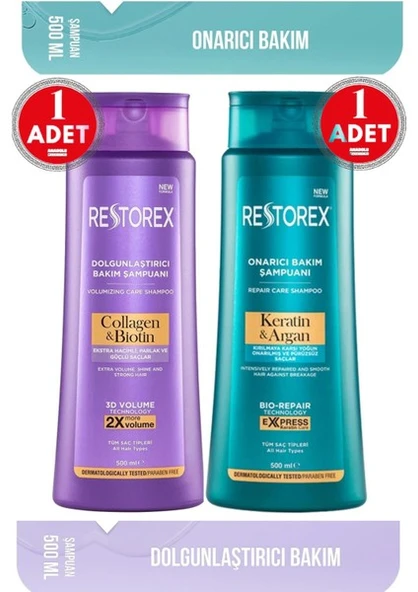Restorex Keratin & Argan Şampuan 500 Ml + Collagen&Biotin Dolgunlaştırıcı Şampuan 500 Ml Restorex Keratin + Collegen ürün görseli 1