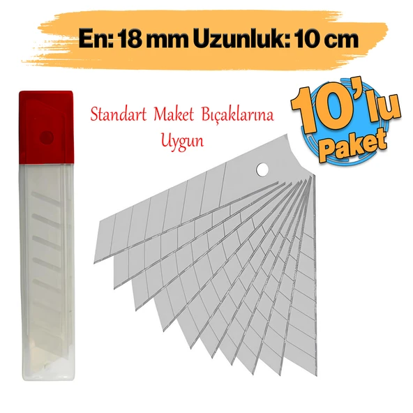 Maket Bıçağı Yedeği 10'lu Paket Ucu Kalınlık 0.50 mm En: 1.8 cm Uzunluk: 10 cm Kırılabilir Yedek Uç ürün görseli 1