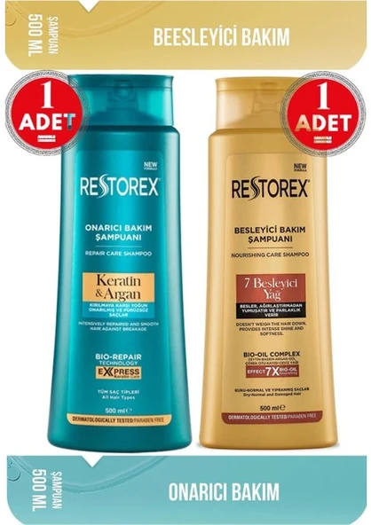 Restorex Bakım Şampuanı 7 Besleyici Yağ 500 Ml + Keratin & Argan Şampuan 500 Ml Restorex Besleyici Yağ + Keratin ürün görseli 1
