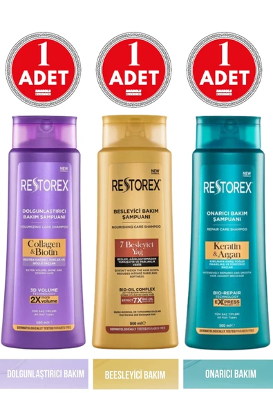 Restorex Şampuan 500 ml x 3 Adet (Keratin&Argan, Collagen&Biotin, 7 Besleyici Yağ) ürün görseli 1