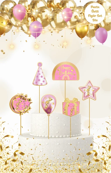 Pembe Yıldız Temalı Pasta Üstü Figür Set ürün görseli 1