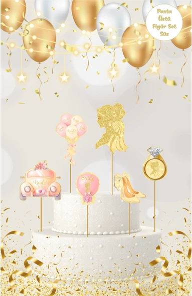 Bride Temalı Altın Pasta Üstü Figür Set ürün görseli 1