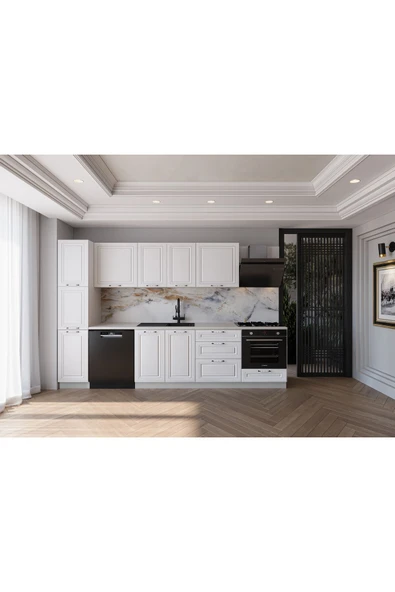 visasconcept 300 Cm Mdf Gövde Membran Kapak Üç Çekmeceli Leyla Hazır Mutfak - Beyaz (TEZGAH DAHİL) ürün görseli 1