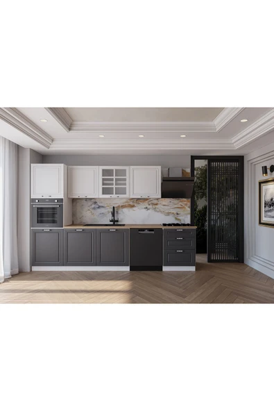 visasconcept 300 Cm Mdf Gövde Membran Kapak Üç Çekmeceli Öznur Hazır Mutfak -antrasit - Beyaz (TEZGAH DAHİL) ürün görseli 1