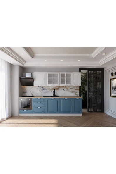 visasconcept 280 Cm Mdf Gövde Mebran Kapak Üç Çekmeceli Ezel Hazır Mutfak - Mavi - Beyaz(TEZGAH DAHİL) ürün görseli 1