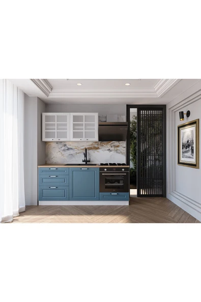 visasconcept 180 Cm Mdf Gövde Mebran Kapak Üç Çekmeceli Gülseda Hazır Mutfak - Mavi - Beyaz(TEZGAH DAHİL) ürün görseli 1