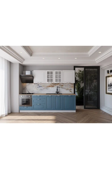visasconcept 260 Cm Mdf Gövde Mebran Kapak Üç Çekmeceli Çınar Hazır Mutfak - Mavi - Beyaz(TEZGAH DAHİL) ürün görseli 1
