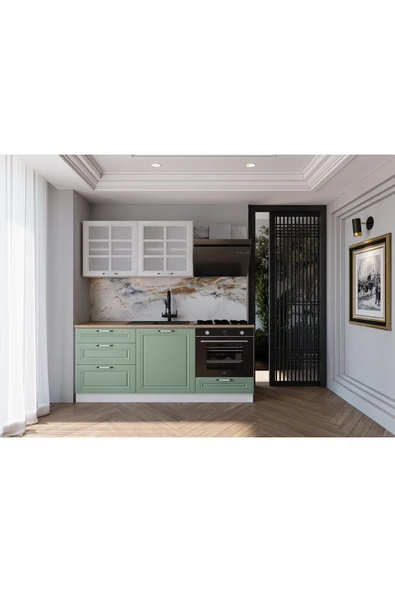 visasconcept 180 Cm Mdf Gövde Mebran Kapak Üç Çekmeceli Irem Hazır Mutfak - Su Yeşili - Beyaz(TEZGAH DAHİL) ürün görseli 1