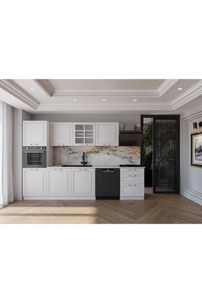 visasconcept 300 Cm Mdf Gövde Membran Kapak Üç Çekmeceli Yurdum Hazır Mutfak - Beyaz (TEZGAH DAHİL) ürün görseli 1