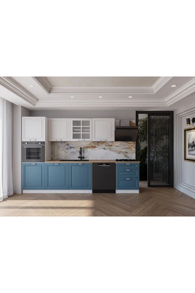 visasconcept 300 Cm Mdf Gövde Membran Kapak Üç Çekmeceli Zakkum Hazır Mutfak - Mavi - Beyaz (TEZGAH DAHİL) ürün görseli 1
