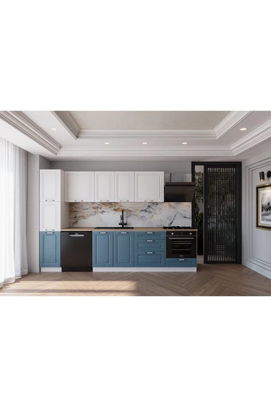 visasconcept 300 Cm Mdf Gövde Membran Kapak Üç Çekmeceli Tanem Hazır Mutfak - Mavi - Beyaz (TEZGAH DAHİL) ürün görseli 1