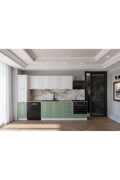 visasconcept 300 Cm Mdf Gövde Membran Kapak Üç Çekmeceli Tuba Hazır Mutfak - Su Yeşili - Beyaz (TEZGAH DAHİL) ürün görseli 1