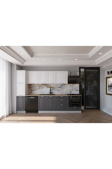 visasconcept 300 Cm Mdf Gövde Membran Kapak Üç Çekmeceli Pelin Hazır Mutfak - Antrasit - Beyaz(TEZGAH DAHİL) ürün görseli 1