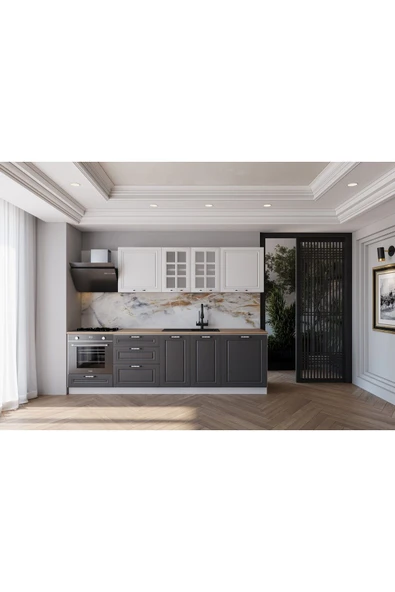 visasconcept 260 Cm Mdf Gövde Mebran Kapak Üç Çekmeceli Inci Hazır Mutfak - Antrasit - Beyaz(TEZGAH DAHİL) ürün görseli 1