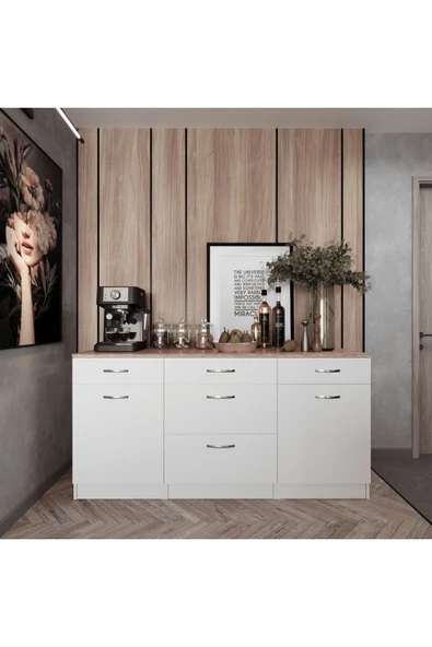 Tdesigno Tango Mutfak 5 Çekmeceli 2 Kapaklı Alt Modül 200 cm - Çok Amaçlı Dolap -Tezgah Dahil ürün görseli 1