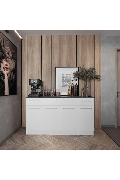 Tdesigno Salsa 4 Kapaklı-2 Çekmeceli Mutfak Alt Modül -200 cm - Çok Amaçlı Dolap -Beyaz-Tezgah Dahil ürün görseli 1