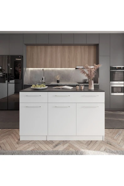Tdesigno Zeus Mutfak Adası -Alt Modül-2 Çekmeceli 3 Kapaklı- 150 cm Beyaz -Tezgah Dahil ürün görseli 1
