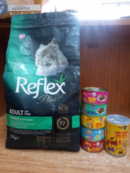 REFLEX PLUS Urınary Kuru Kedi Mama Tavuklu 1.5 KG+5 ADET KARIŞIK AROMA PÜRE KEDİ KONSERVE 85 GRAM+1 ADET TAVUKLU KEDİ ÇORBASI 135 ML ürün görseli 1
