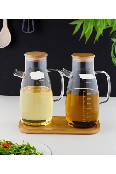 Online Kapında Bambu Standlı 2’li 900ml Borosilikat CamBambuKapaklıYağdanlık Set Ayçiçek Zeytinyağı ürün görseli 1