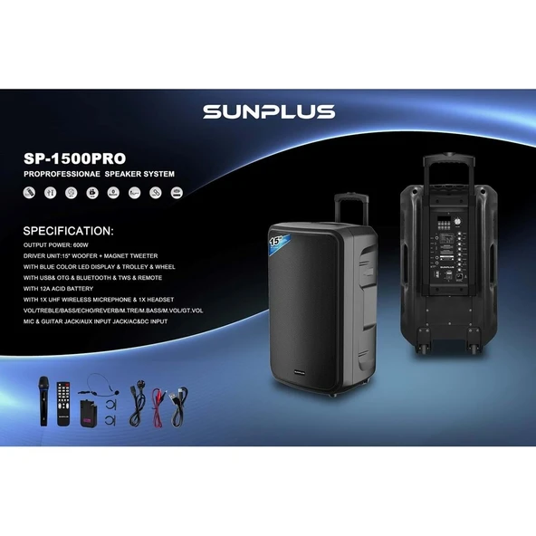 SP-1500 Pro Bluetooth Professıonalspeaker System  Sunplus ürün görseli 1
