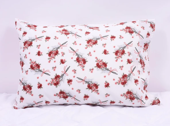 Bordo Çiçek Desenli Pamuklu Yastık Kılıfı 50x70 cm - Kapaklı %70 Pamuk ürün görseli 1