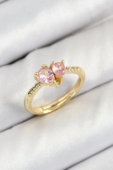 Pirinç Zirkon Taşlı Pembe Kalp Model Gold Renk Kadın Yüzük - TJ-BYK3802 ürün görseli 1