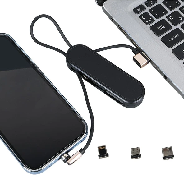 Powermaster PM-25906 Siyah 3İn1  (Type C- Lightning- Micro Usb) Manyetik Uç Taşınabilir Şarj Kablosu ürün görseli 1
