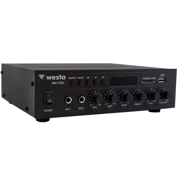 Westa WM-750U 80 Watt 100V-70V Mini 4-16 Ohm USB-SD-Bluetooth 2 Mikrofon Girişli Trafolu Anfi ürün görseli 1
