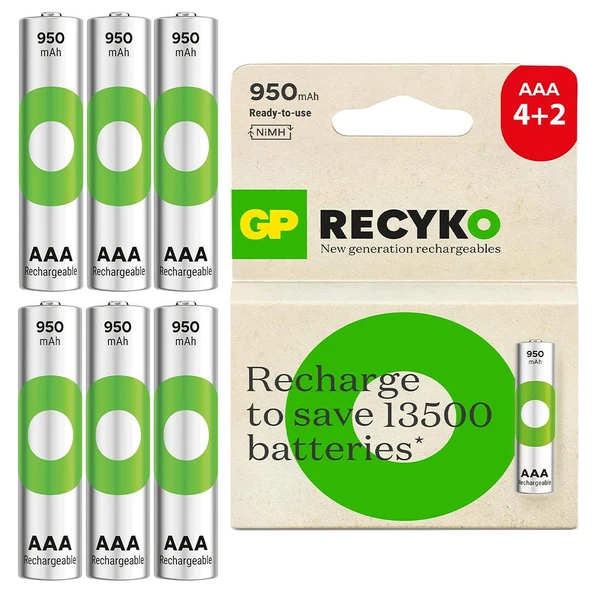 GP Batteries Recyko 950Mah AAA İnce Kalem 6 Adet Ni-Mh Şarjlı Pil 1.2 Volt ürün görseli 1