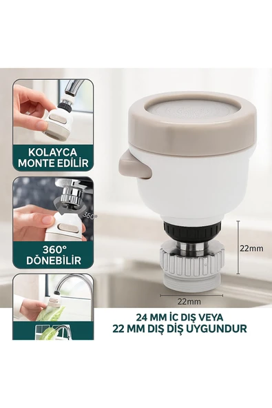 DESIPHON 360° Döner Başlıklı Mutfak Musluk Ucu – 3 Fonksiyonlu Su Tasarruflu Püskürtme Başlığı Aparatı ürün görseli 1