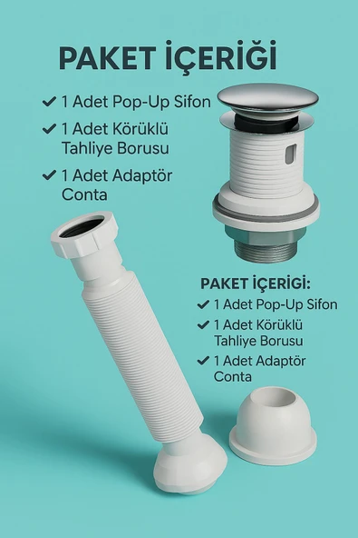 DESIPHON Pop-Up Lavabo Sifon Seti Taşmalı Uyumlu, Körüklü Tahliye ve Adaptör Conta Dahil ürün görseli 1
