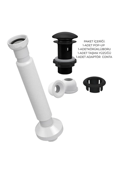 DESIPHON Mat Siyah Pop-Up Lavabo Gider Seti Porselen Başlık + Körüklü Boru + Taşma Yüzüğü + Adaptör Conta ürün görseli 1