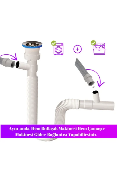 DESIPHON Çift Çamaşır ve Bulaşık  Makinesi için Körüklü Lavabo Sifonu(Çift Girişli ) ürün görseli 1