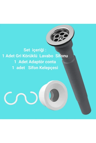 DESIPHON Gri Körüklü Lavabo Sifon Seti Adaptör Conta + Sifon Kelepçesi Dahil 3’lü Takım ürün görseli 1