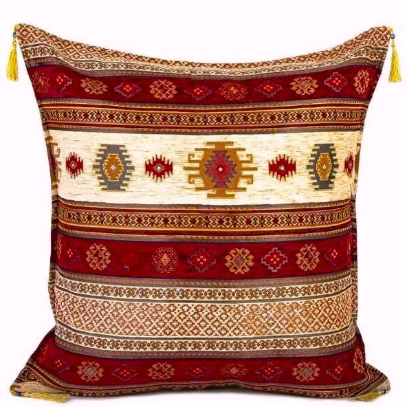 Kilim Desen (70cmx70cm) Şönil Kumaş Püsküllü Kare Ev Bahçe Minder Kılıfı NO11 ürün görseli 1