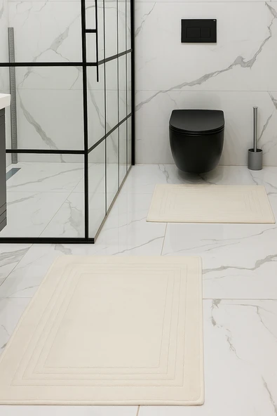 KREM RENGİ %100 Pamuk Dokuma, Su Emici, Banyo Paspas Seti, Banyo Halısı Vera 2'li Klozet Takım 60x100-60x50 ürün görseli 1
