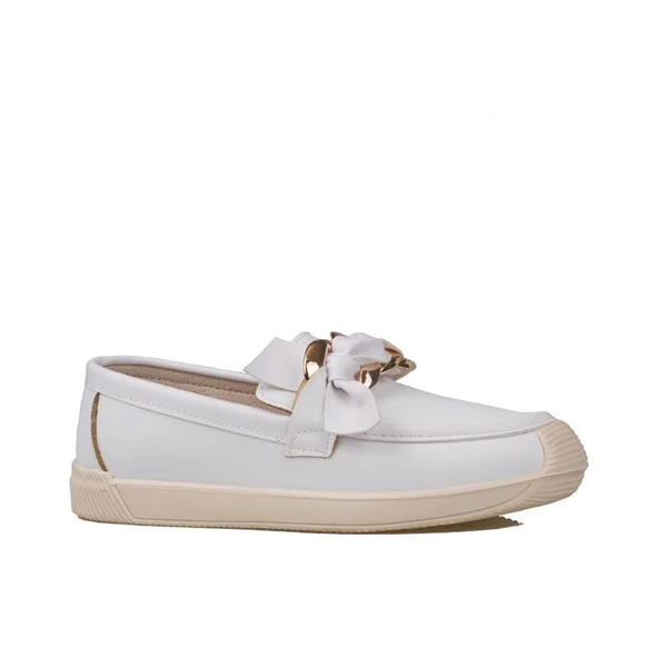 Trend Adımlar Beyaz Fiyonk Detaylı Kadın Loafer Ayakkabı ürün görseli 1
