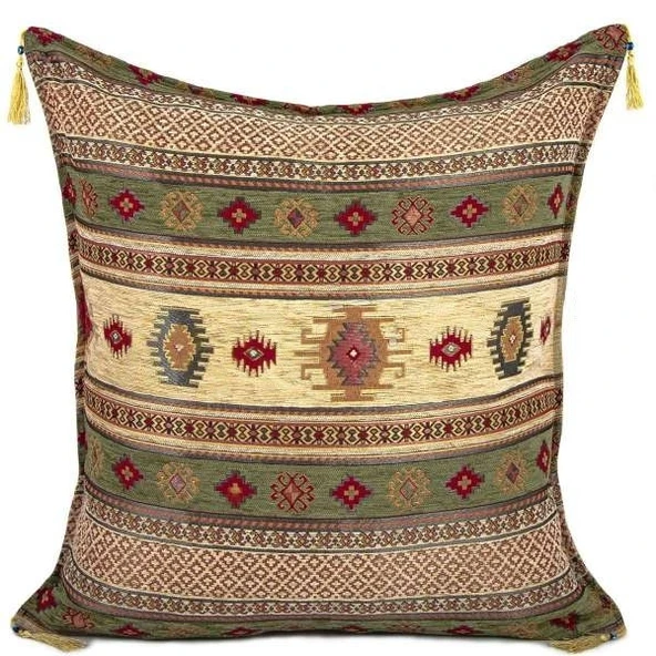 Kilim Desen (70cmx70cm) Şönil Kumaş Püsküllü Kare Ev Bahçe Minder Kılıfı NO14 ürün görseli 1