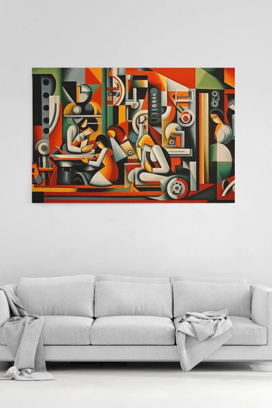 Modern Mekanik Kübizm Tablosu  Soyut Sanat Kanvas Baskı  %100 Pamuk Dokulu Premium Kalite ürün görseli 1