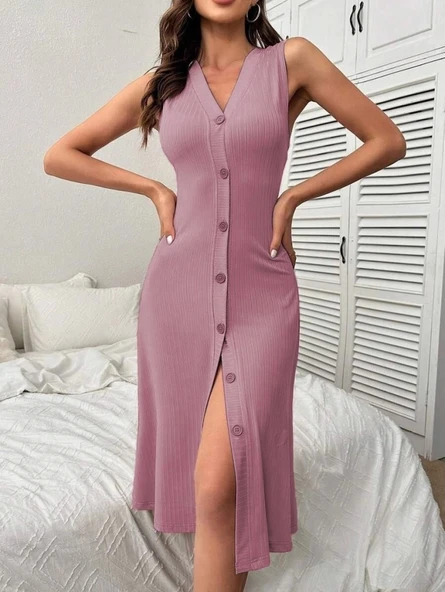 Kadın V Yakalı önden Düğmeli Kaşkorse Elbise ürün görseli 1