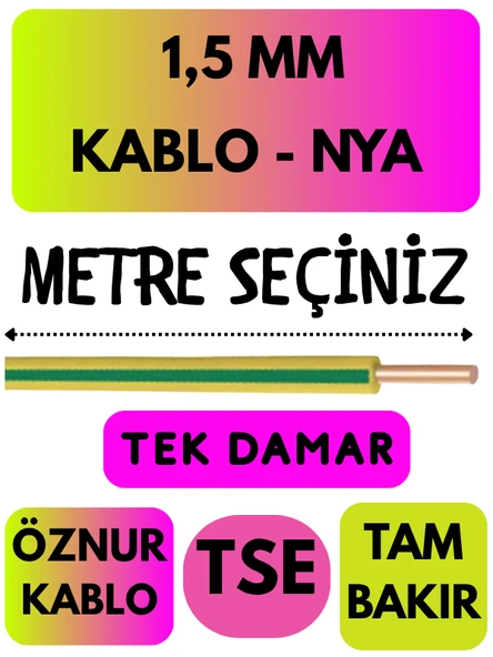 Öznur 1,5 MM NYA Kablo Metre Seçenekli (Sarı-Yeşil) ürün görseli 1