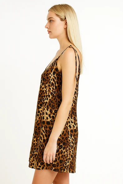 Sarı Gri Yazlık Mini Leopar Elbise - Resim 2