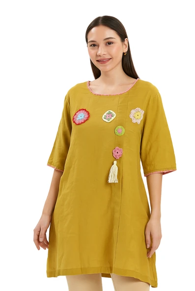 Vual (Tülbent) Sarı Tunik Elbise ürün görseli 1